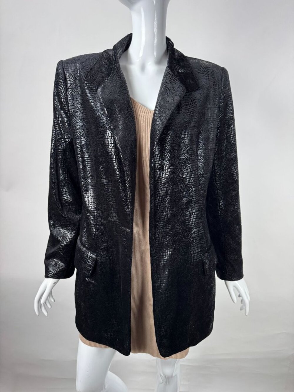 Cache Black Snakeskin Textured Long Blazer Womens Size 8 Made In USA